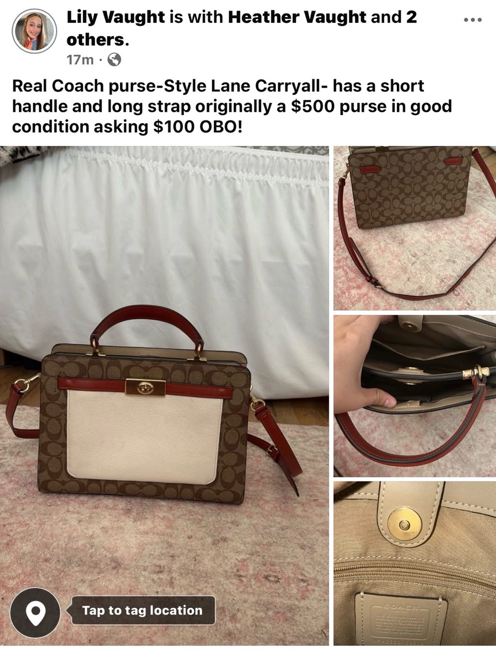 Coach Brown Signature Canvas Satchel with Cream Panel & Red Trim
